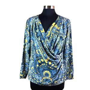 Trina Turk Silk Blue & Green Print Wrap Surplice Blouse MED Abstract Artsy Retro